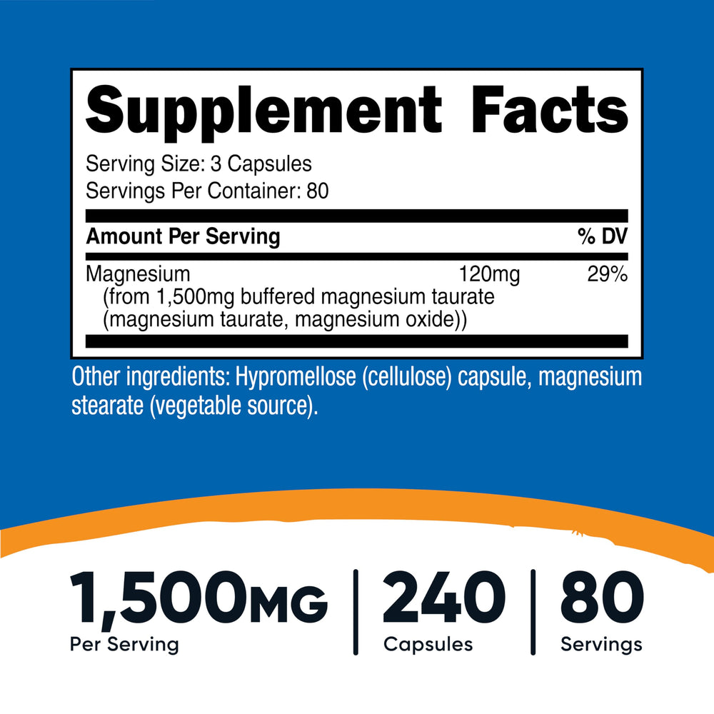 Close-up of Nutricost Magnesium Taurate label showing 1,500 mg per serving