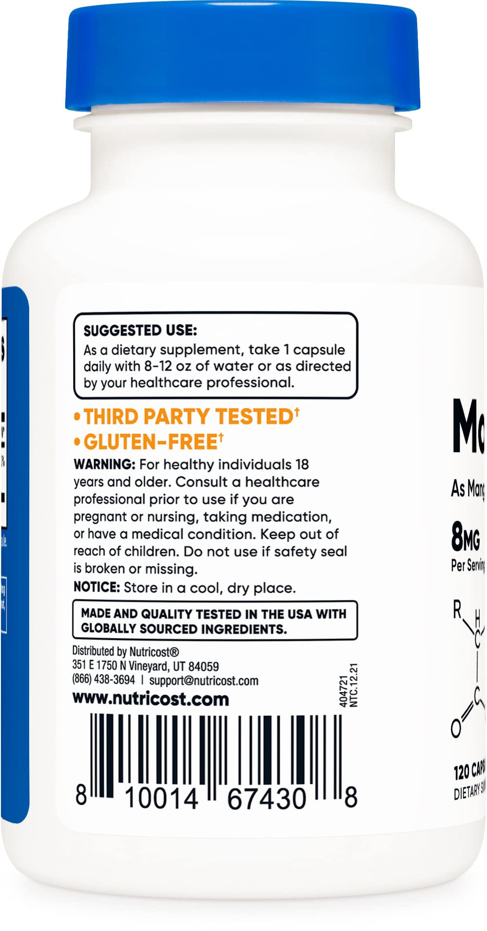 Ingredients panel for Nutricost Manganese 8mg 120 capsules