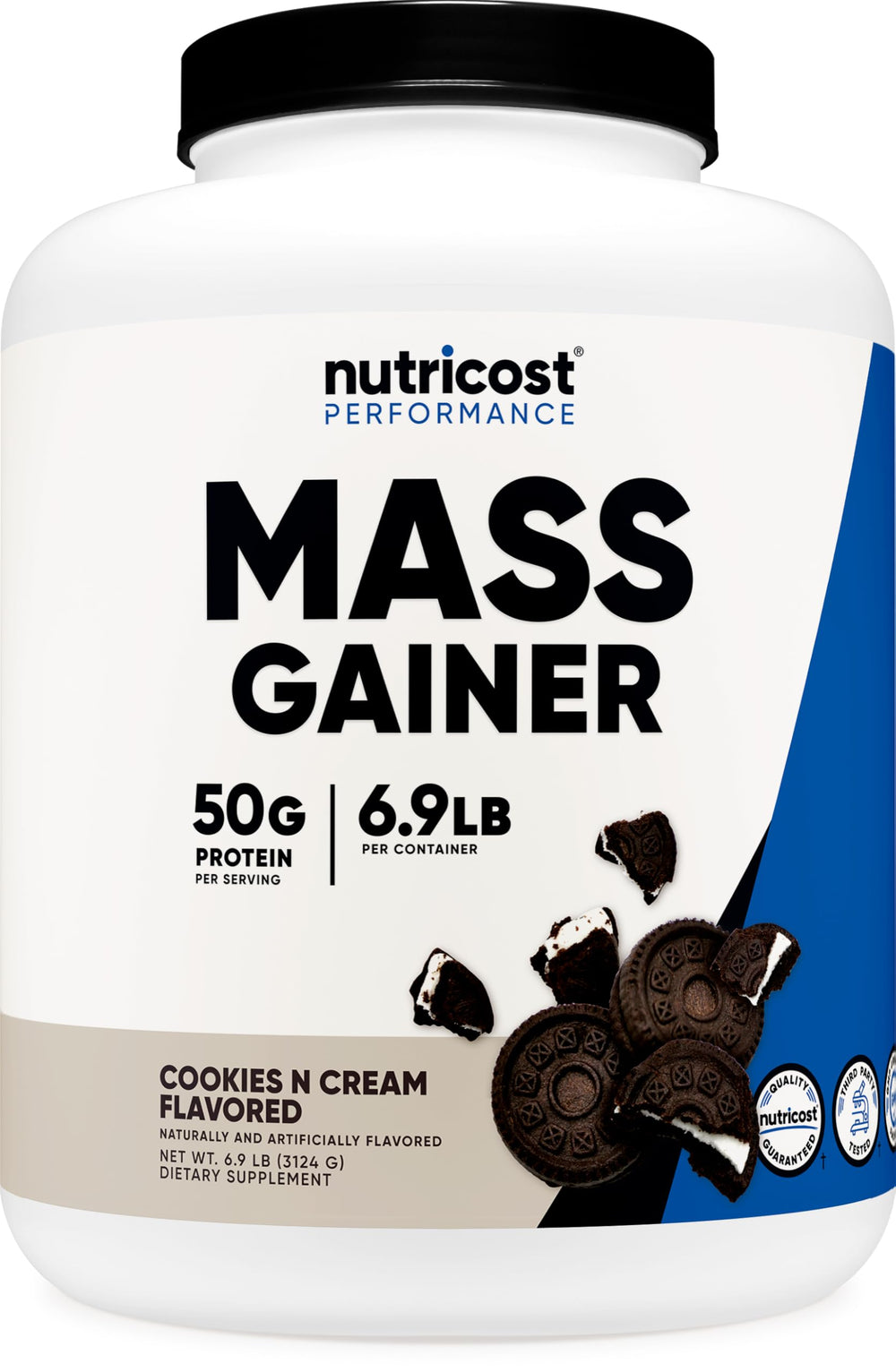 Nutricost Mass Gainer Cookies N Cream bottle highlights 50g protein per serving for lean muscle support