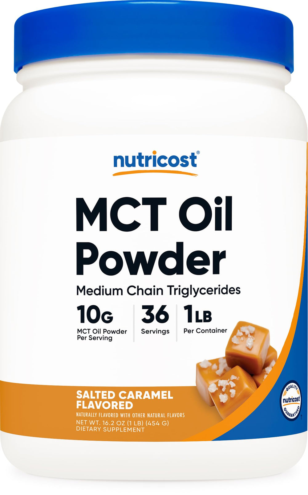 Front view of Nutricost MCT Oil Powder Salted Caramel 1 lb bottle