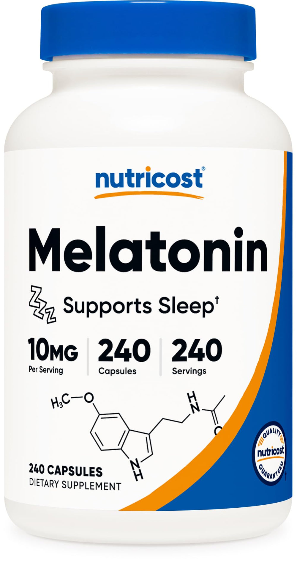 Nutricost Melatonin 10mg bottle label with 240 capsules