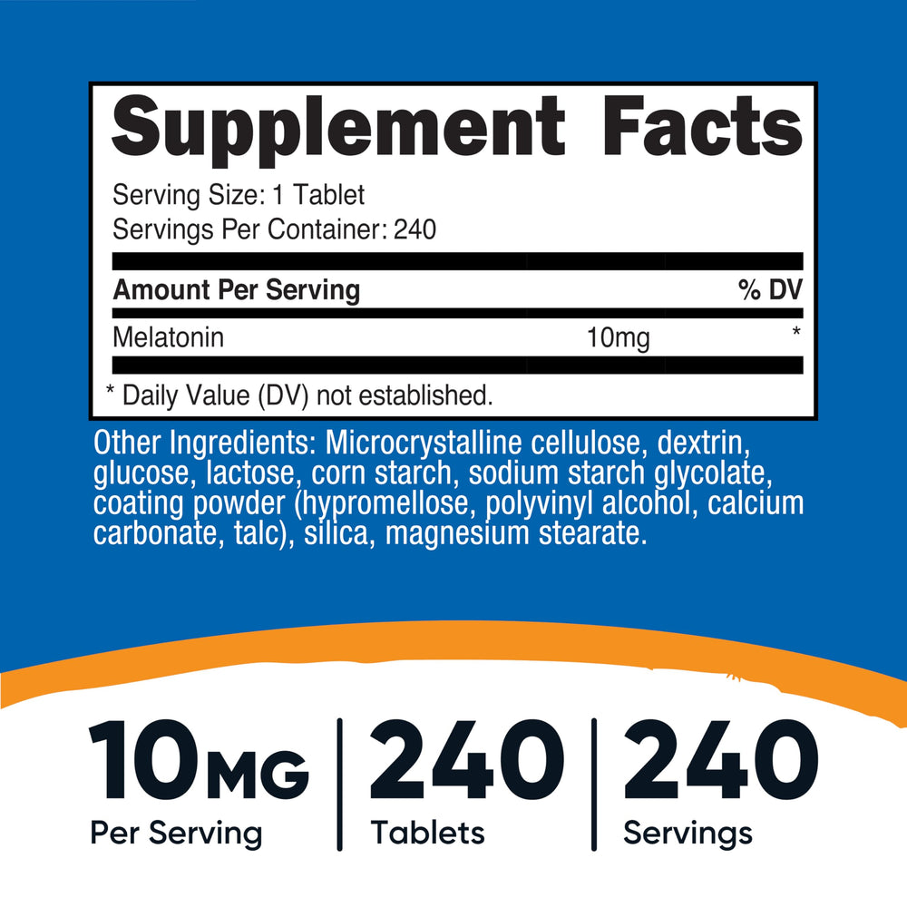 Nutricost Melatonin 10mg bottle back label showing supplement facts