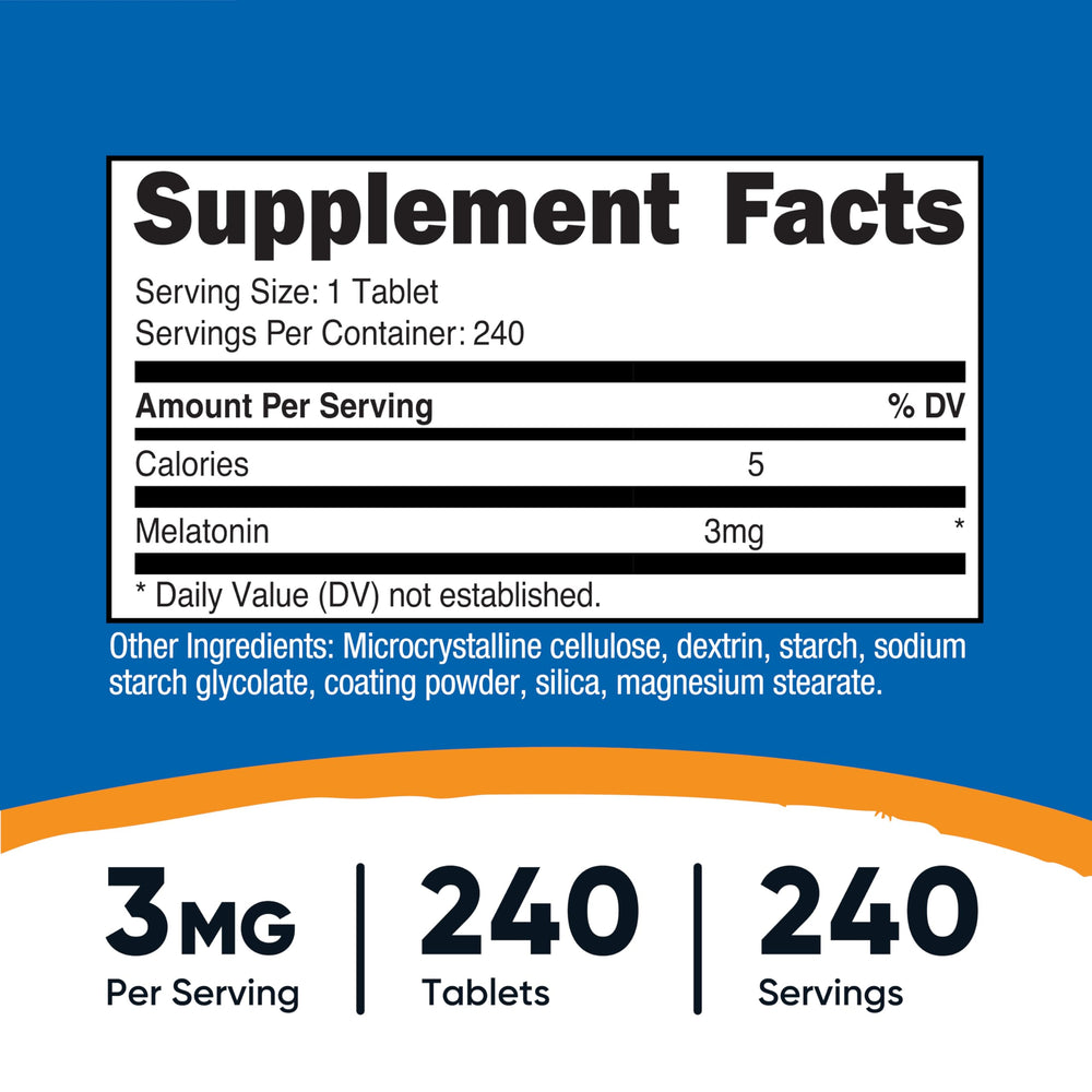 Nutricost Melatonin 3mg 240-tablet bottle - side label