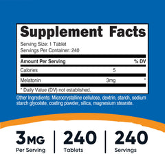 Nutricost Melatonin 3mg 240-tablet bottle - side label