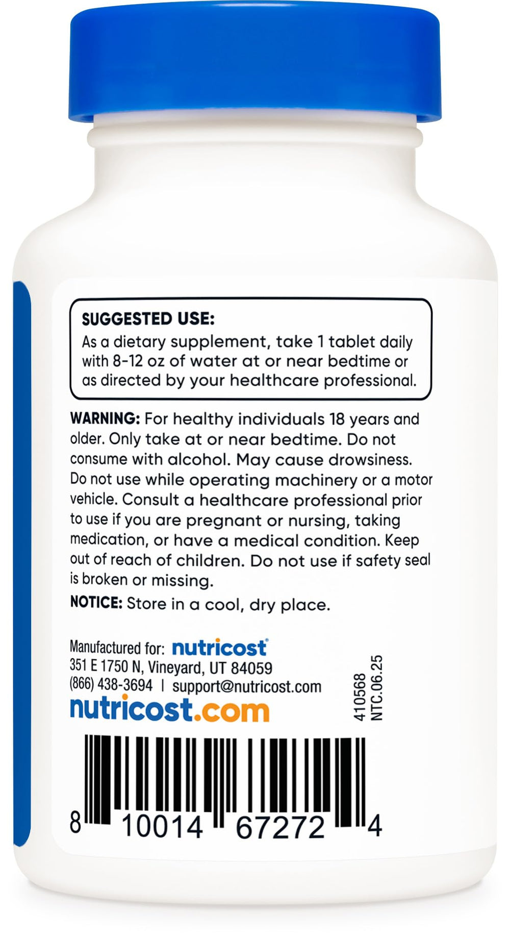 Nutrition label for Nutricost Melatonin 5mg 240 tablets
