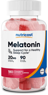 Front view of Nutricost Melatonin Gummies bottle showing 20 mg per serving and gluten-free label