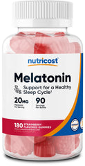 Front view of Nutricost Melatonin Gummies bottle showing 20 mg per serving and gluten-free label