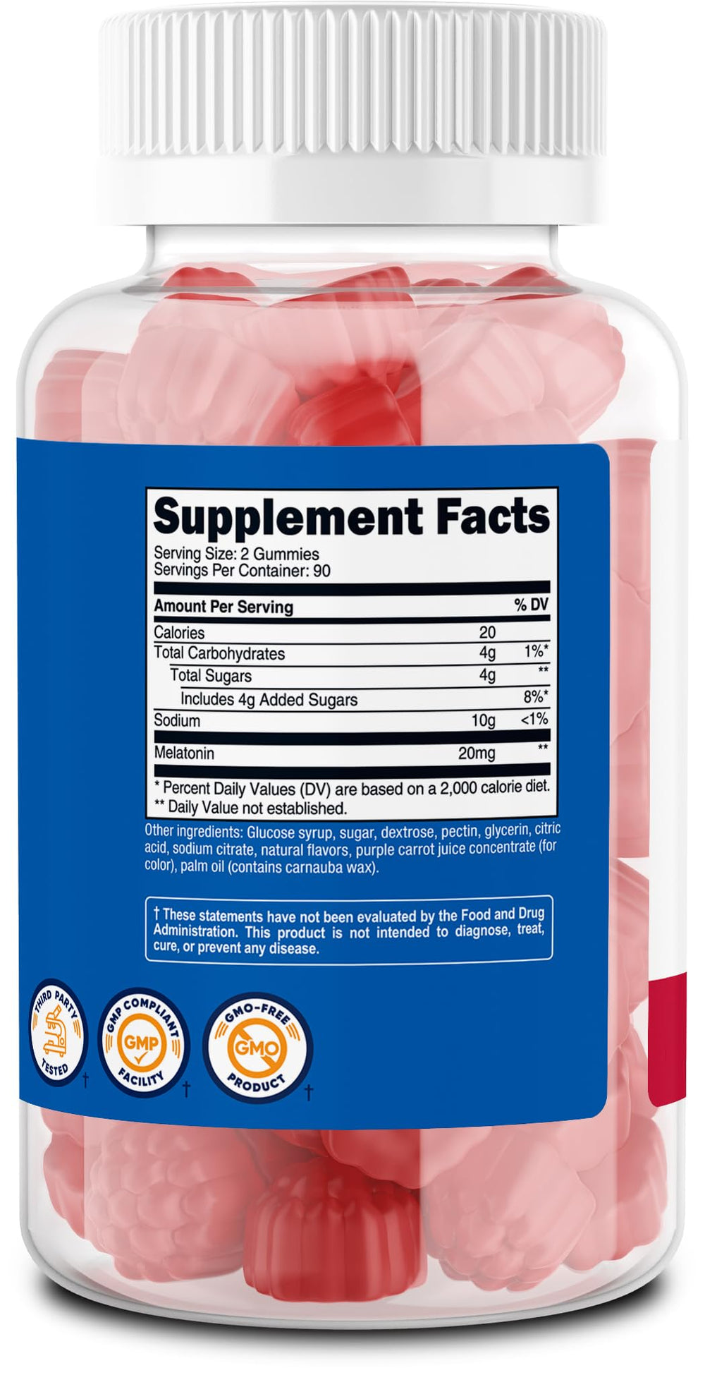GMP quality and third-party testing insignia with ingredients label