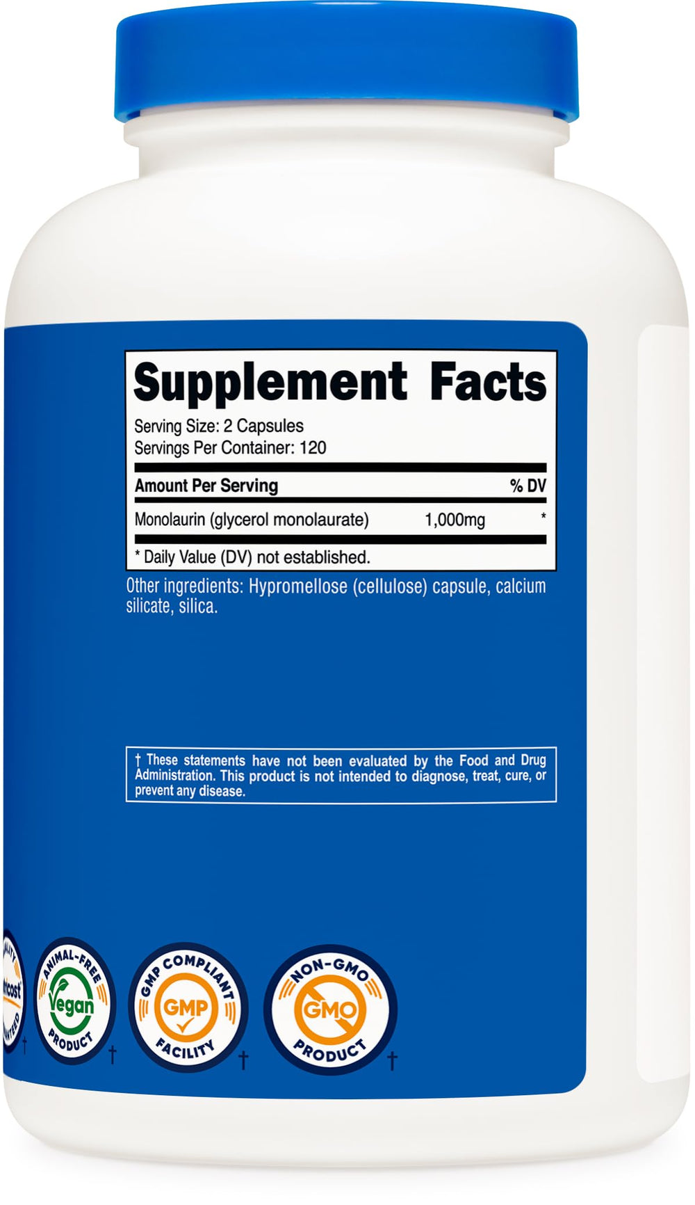 Gluten-free, non-GMO, vegan Nutricost Monolaurin packaging