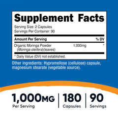 Two 500mg Moringa capsules representing a serving size of two capsules
