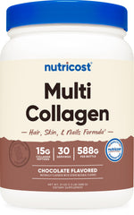 Nutricost Multi Collagen + Beauty & Protein Powder Milk Chocolate flavor bottle and scoop