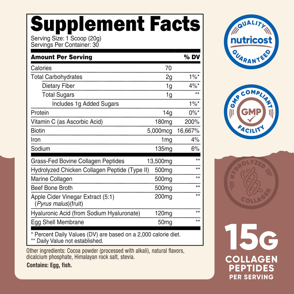 Serving of Nutricost collagen powder next to glass of milk chocolate shake