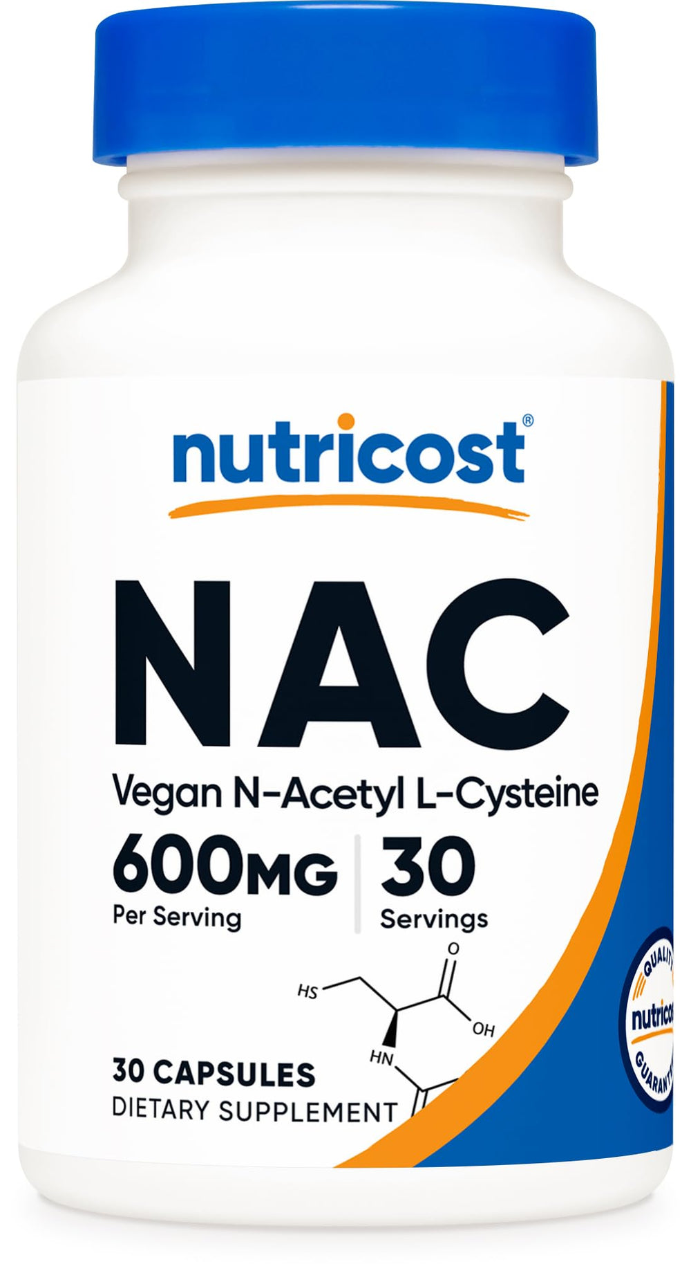 Nutricost NAC 600mg bottle front with vegan capsules for daily use