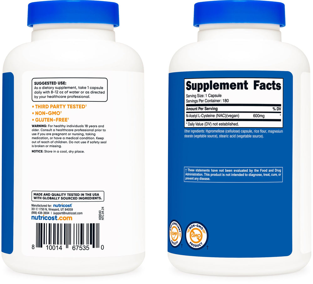 NAC 600mg bottle with certification icons