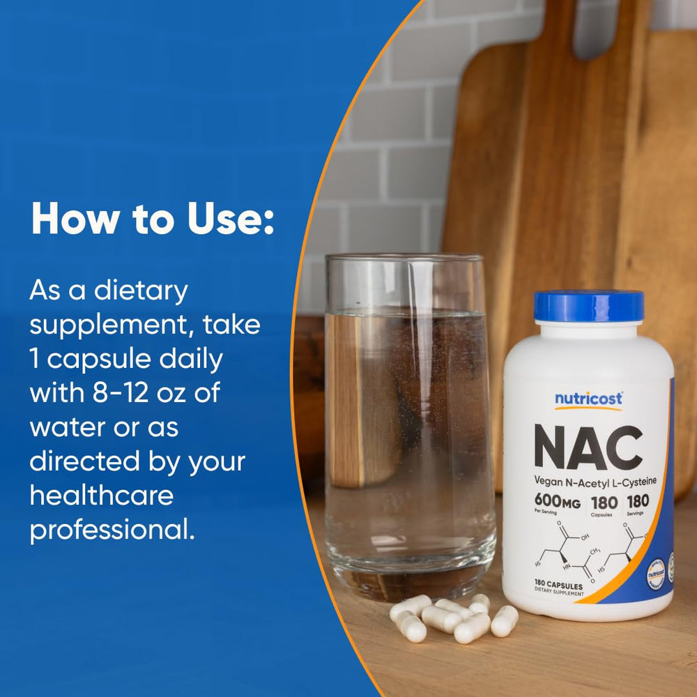 Nutricost NAC dosage label displaying 600mg per capsule for clear dosing.