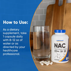 Nutricost NAC dosage label displaying 600mg per capsule for clear dosing.