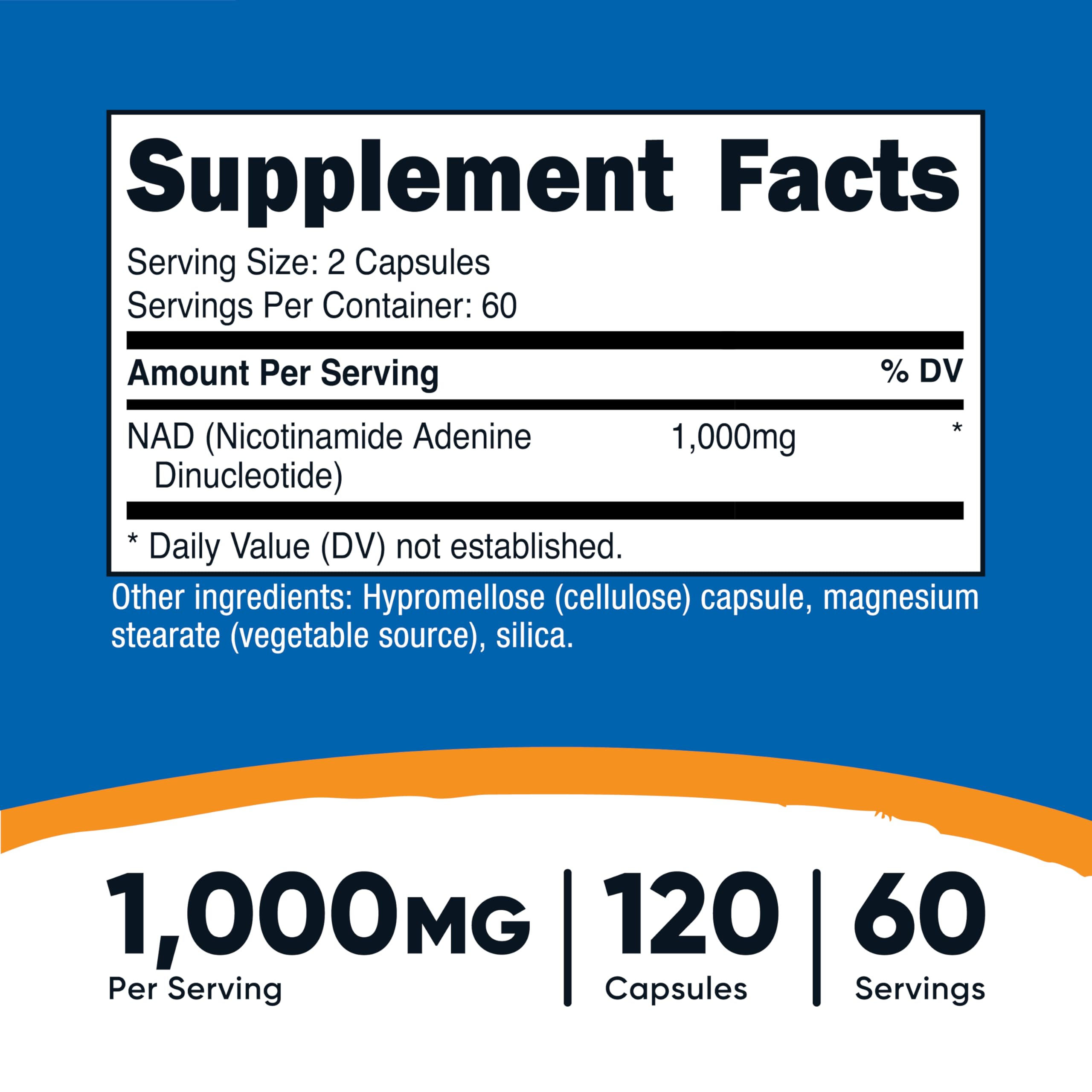Close-up of NAD+ label showing 1000mg per serving Close-up of NAD+ label showing 1000mg per serving