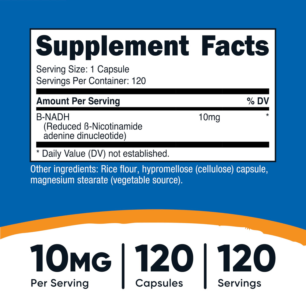 Bottle of Nutricost NADH 10mg 120 capsules