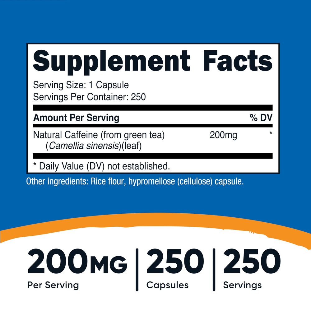 Nutricost Natural Caffeine bottle back highlights 200mg per serving