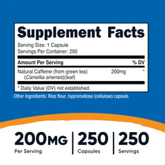Nutricost Natural Caffeine bottle back highlights 200mg per serving