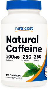 Nutricost Natural Caffeine bottle front with 250 vegetarian capsules for sustained energy