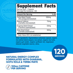 Close-up of Nutricost energy pill highlighting 100mg caffeine per capsule