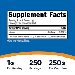 Nutricost Niacin Powder 250g label with nutrition facts