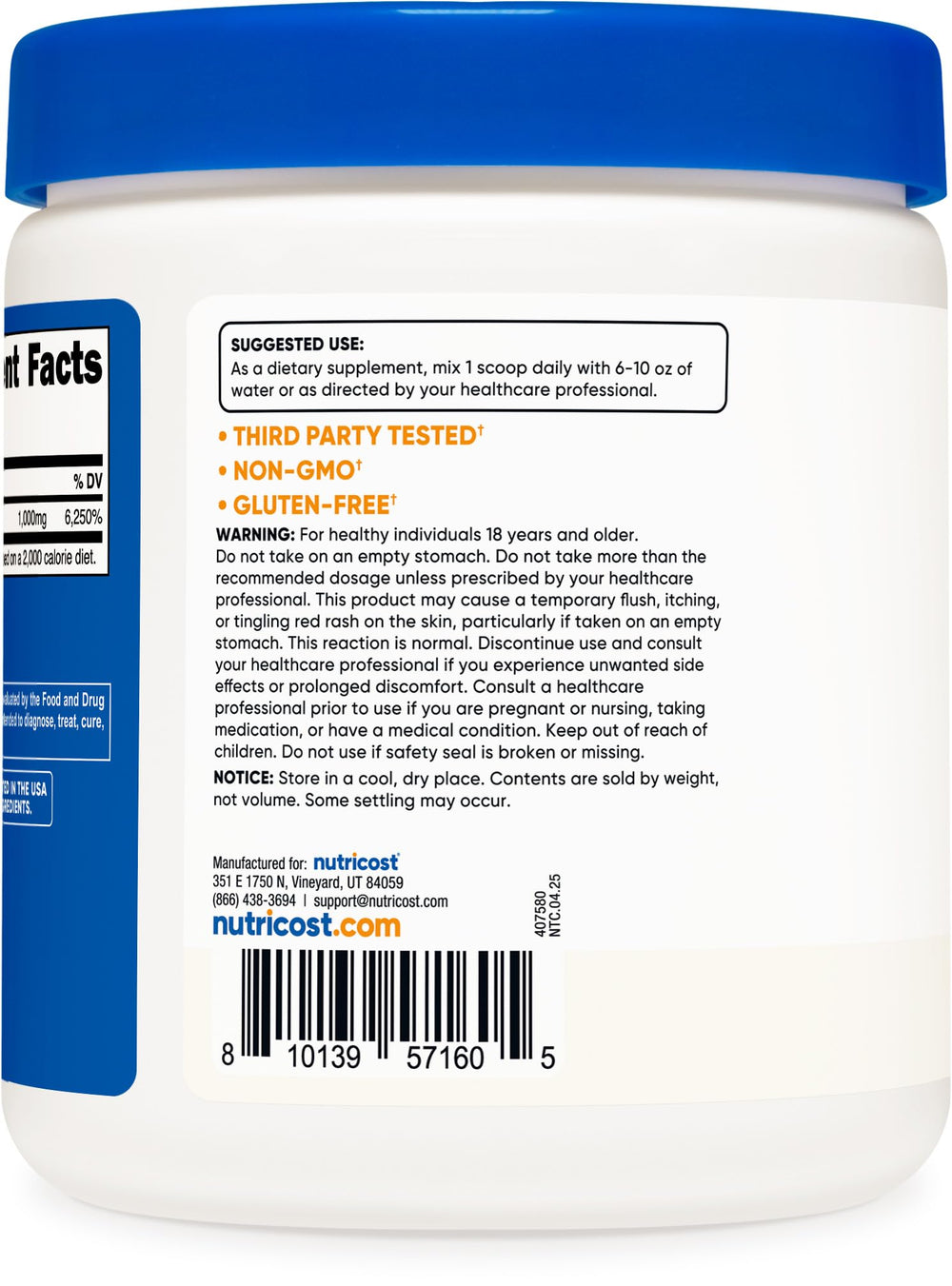 Packaging of Nutricost Niacin Vitamin B3 Powder