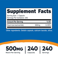 Nutricost Niacinamide 500mg bottle back shows ingredients and allergen details