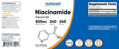 Nutricost Niacinamide 500mg packaging with white or blue lid option