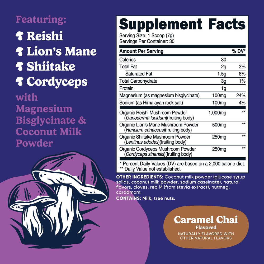 Close-up of Reishi, Lion's Mane, Shiitake, and Cordyceps ingredients