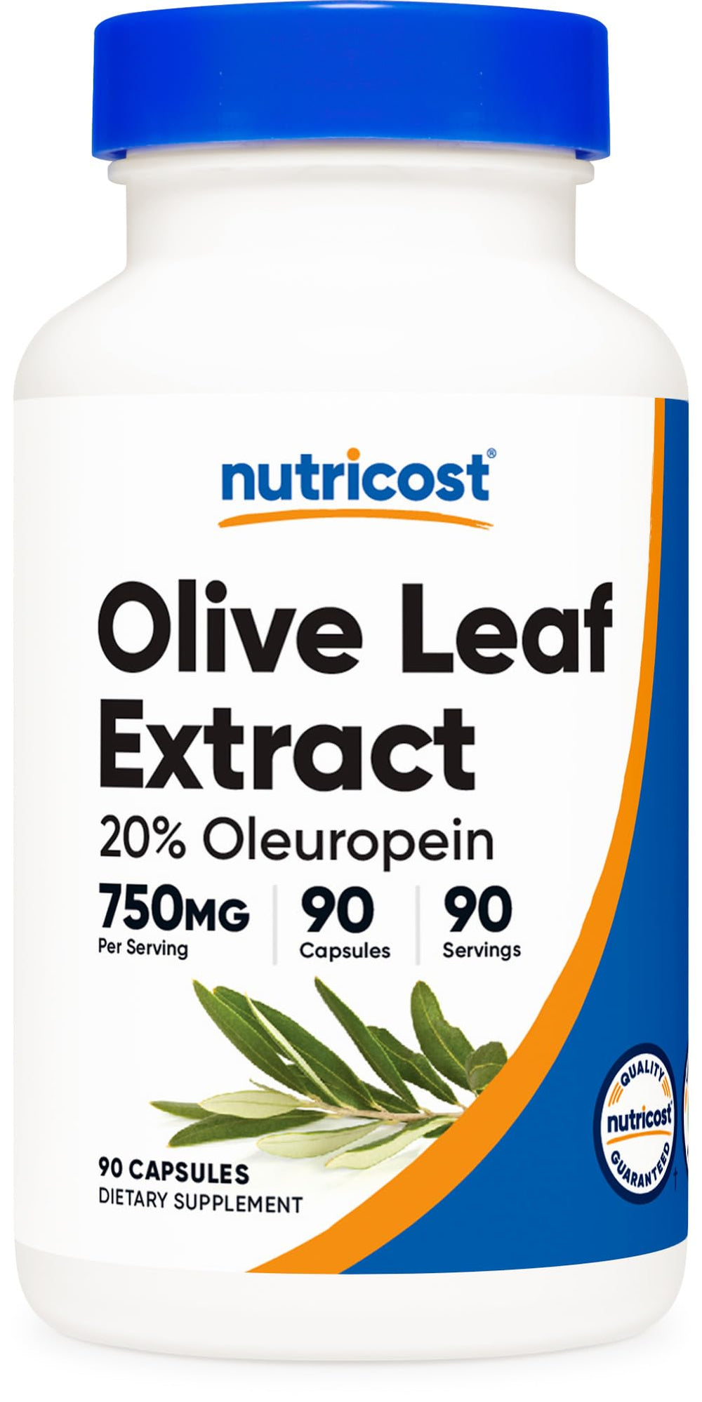 Nutricost Olive Leaf Extract bottle label showing 750 mg per capsule and 20% Oleuropein