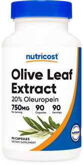 Nutricost Olive Leaf Extract bottle label showing 750 mg per capsule and 20% Oleuropein