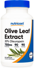 Nutricost Olive Leaf Extract bottle label showing 750 mg per capsule and 20% Oleuropein
