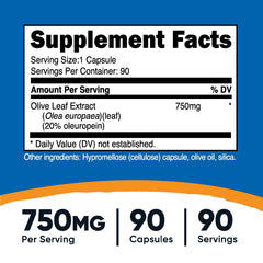 Label showing 20% Oleuropein on Nutricost Olive Leaf Extract