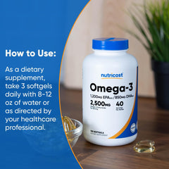 Nutricost Omega-3 bottle with third-party testing badge signals quality controls.