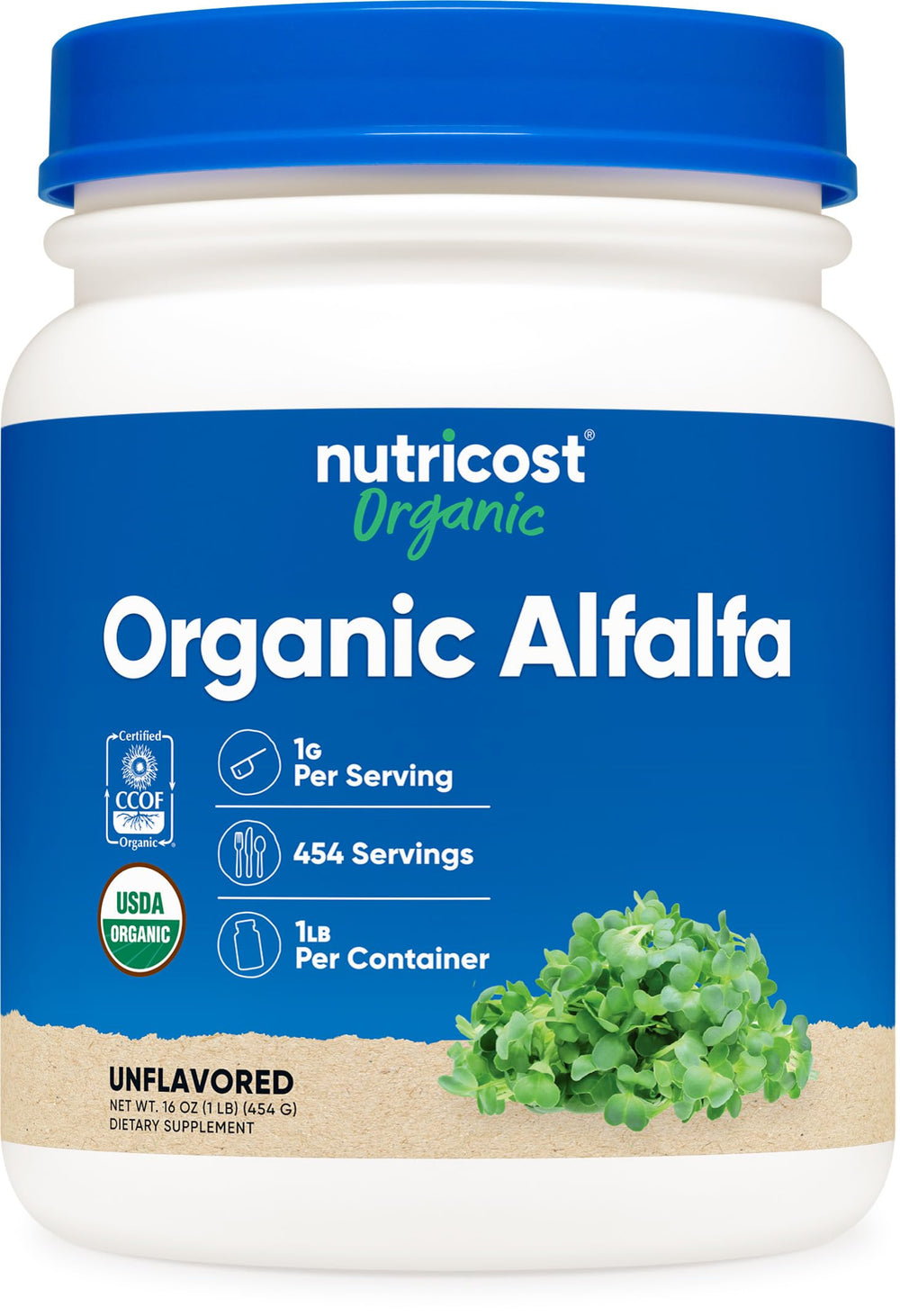 Front view of Nutricost Organic Alfalfa Powder 1 lb bottle