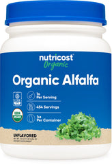 Front view of Nutricost Organic Alfalfa Powder 1 lb bottle