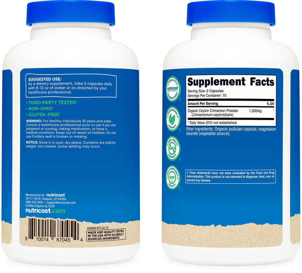 Supplement facts panel for cinnamon capsules