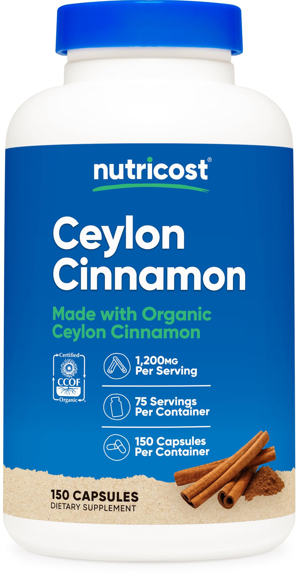 Front label of Nutricost Organic Cinnamon Ceylon bottle
