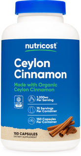 Front label of Nutricost Organic Cinnamon Ceylon bottle