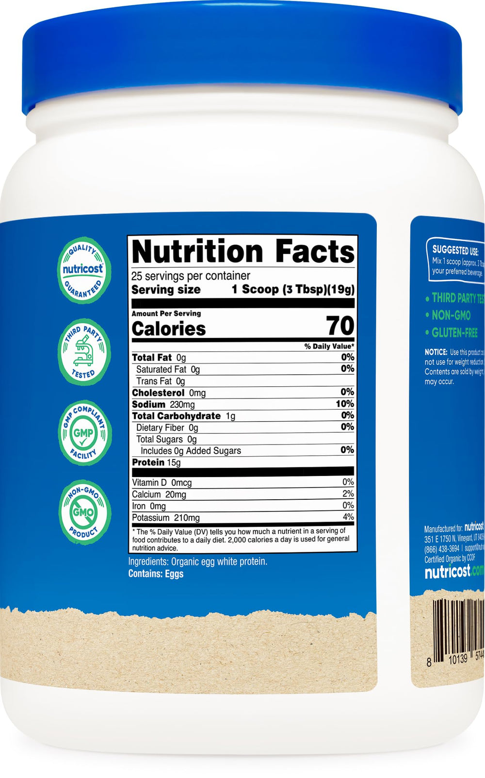 Nutricost Organic Egg White Protein Powder serving cups show 25 servings for value.