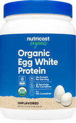 Nutricost Organic Egg White Protein Powder tub label offers a versatile, high-protein base for smoothies and baking.