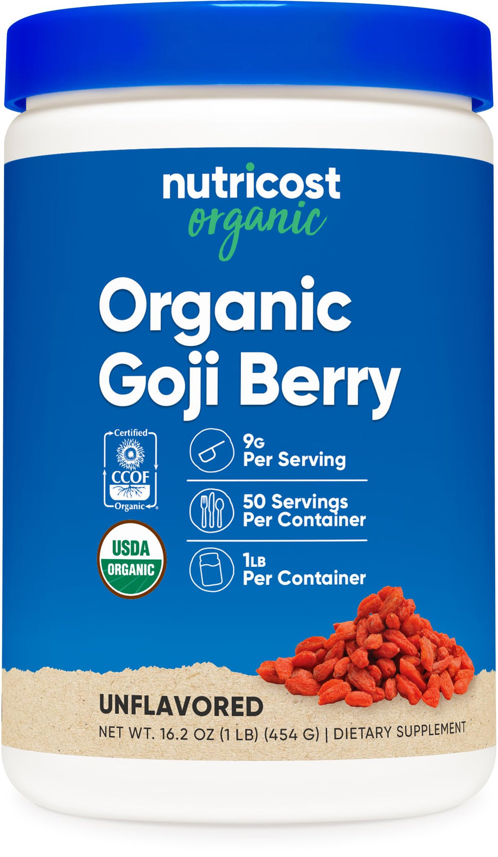 Front view of Nutricost Organic Goji Berry Powder 1 lb