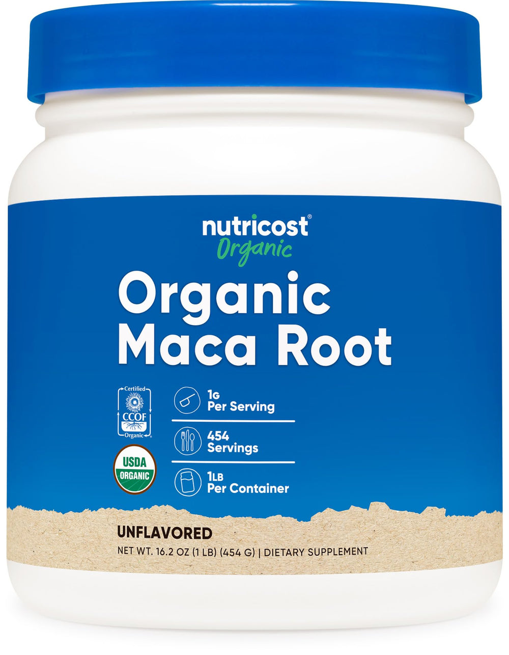 Nutricost Organic Maca Root Powder bottle labeled 1 lb (500 g)