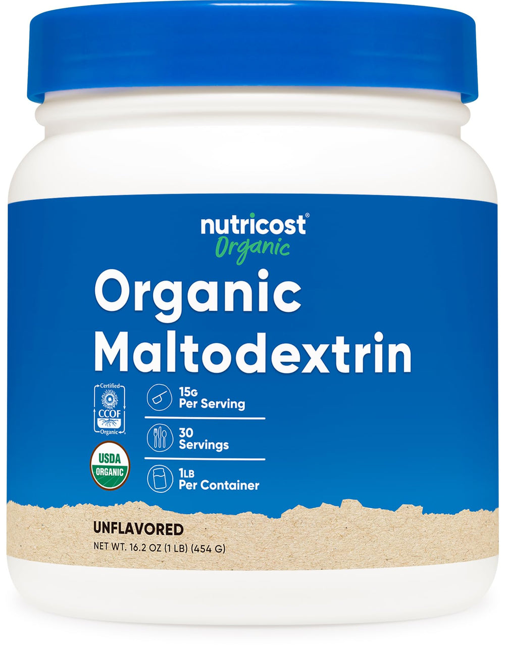 Nutricost Organic Maltodextrin powder bottle with USDA Organic certification for trusted energy support.