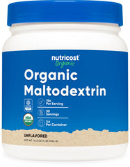 Nutricost Organic Maltodextrin powder bottle with USDA Organic certification for trusted energy support.