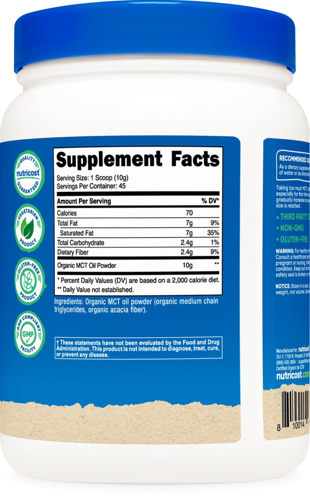 Packaging and container of Nutricost Organic MCT Oil Powder 1 lb