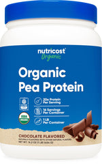 Nutricost Organic Pea Protein Chocolate 1lb jar for smooth plant-based protein