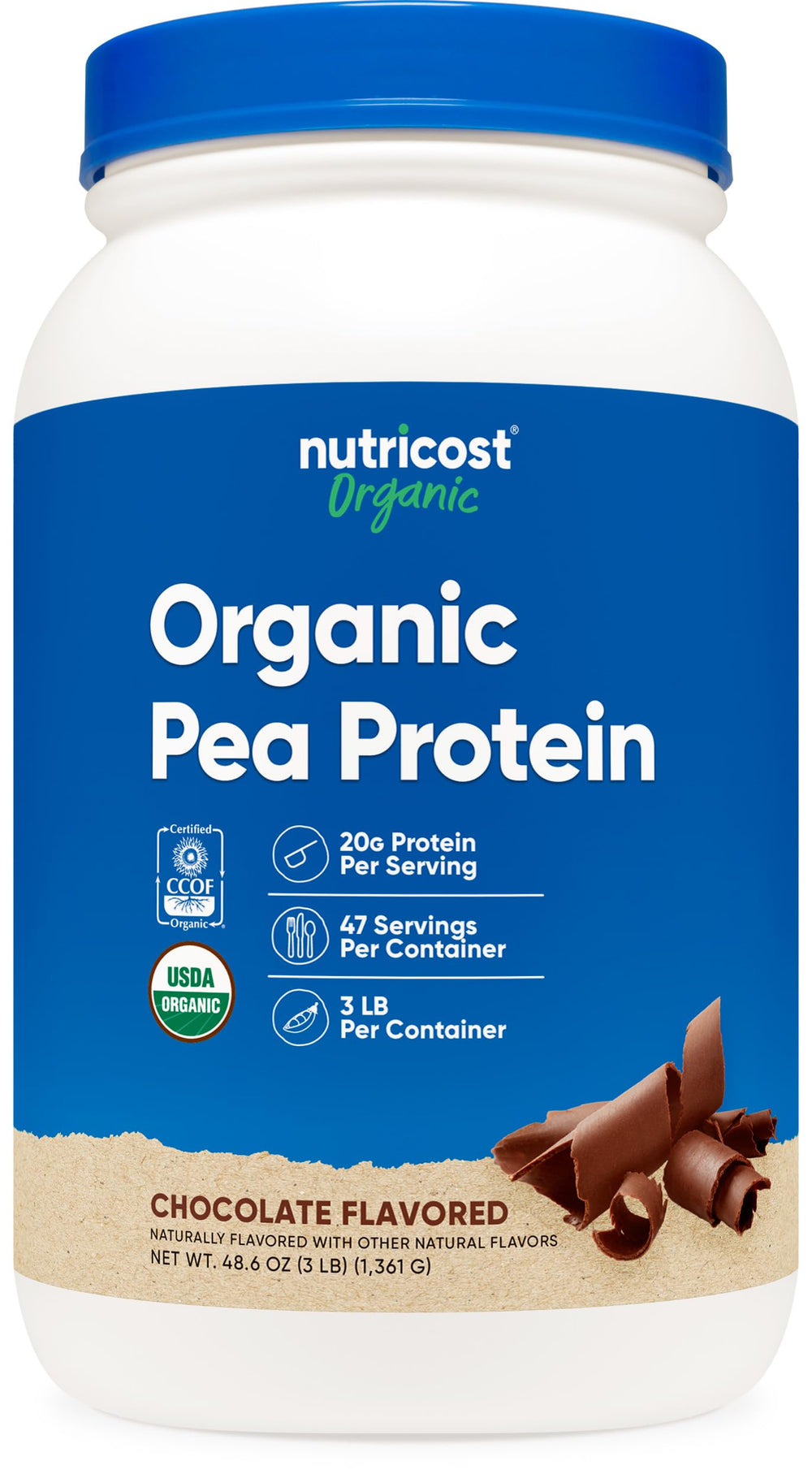 Nutricost Organic Pea Protein Powder Chocolate jar highlights gluten-free, plant-based protein for smoothies